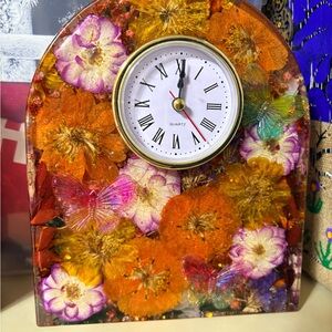 Handmade Floral Quartz Wall Clock with Orange and Purple Accents